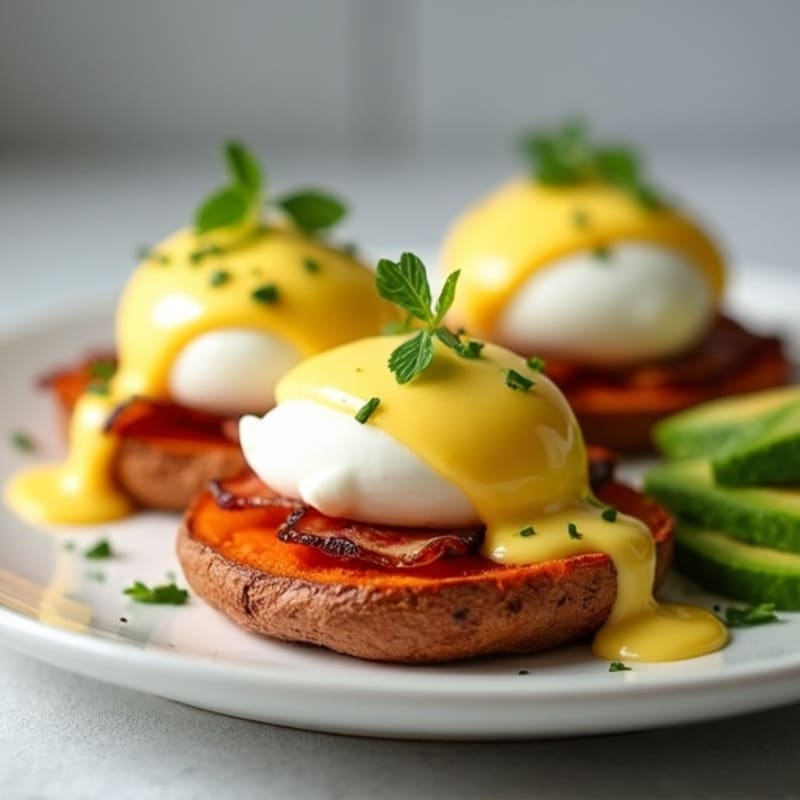 Poached Eggs with Avocado Hollandaise on Sweet Potato Rounds