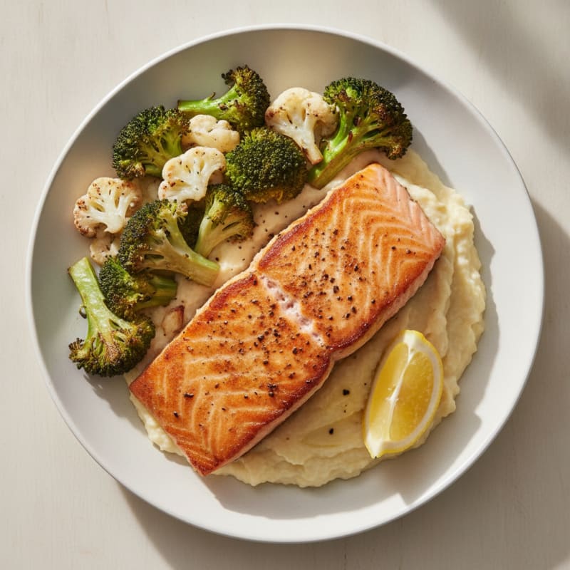 Seared Salmon with Roasted Broccoli and Cauliflower Mash