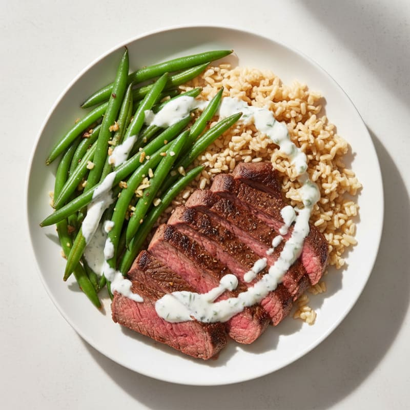 Seared Lean Beef Steak with Garlic Green Beans and Brown Rice