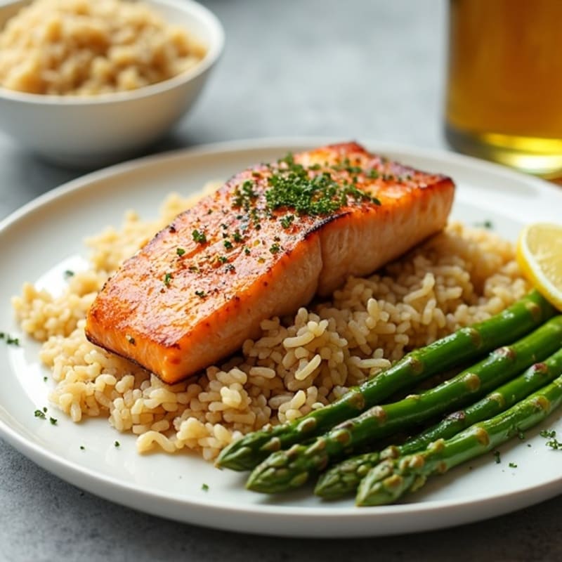 Seared Salmon Filet with Steamed Asparagus and Brown Rice