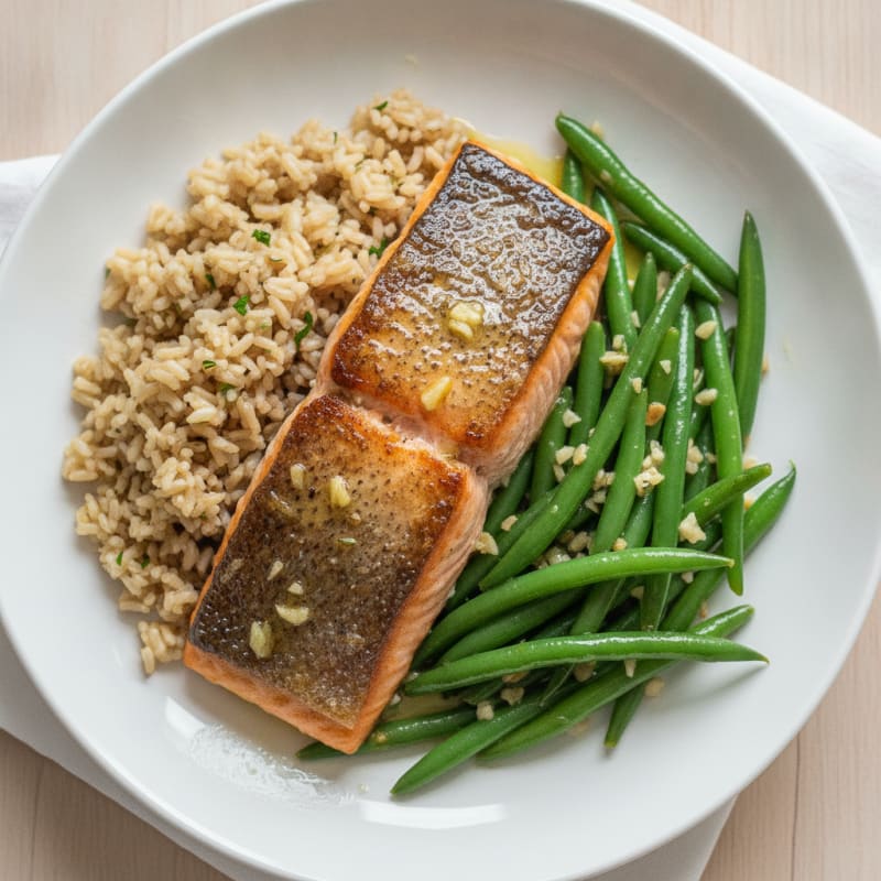 Seared Salmon Fillet with Garlic Green Beans and Brown Rice Pilaf