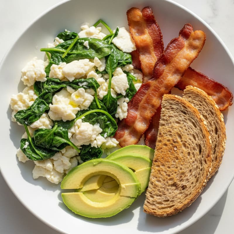 Scrambled Egg Whites with Sautéed Spinach and Turkey Bacon