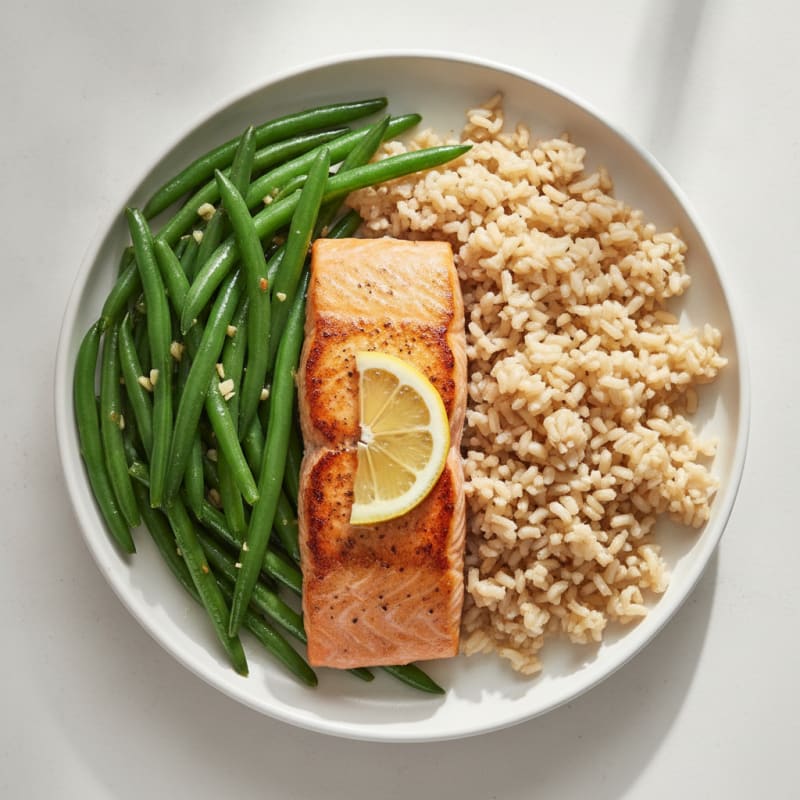 Seared Salmon with Garlic Green Beans and Brown Rice