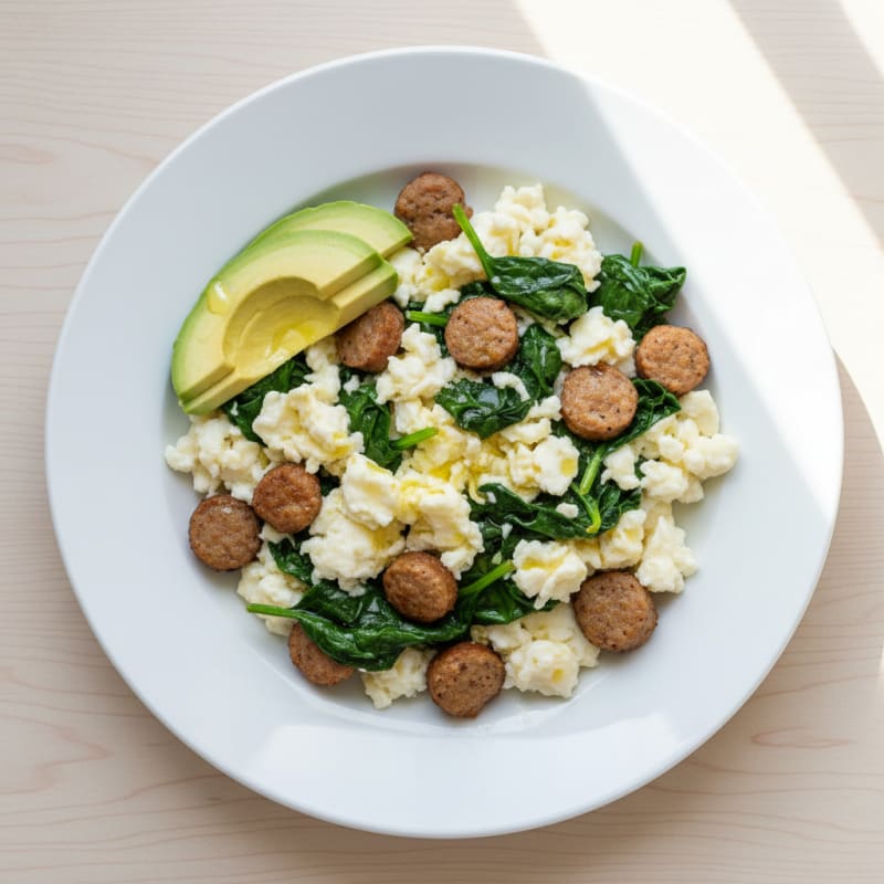 Egg White Scramble with Turkey Sausage and Sautéed Spinach