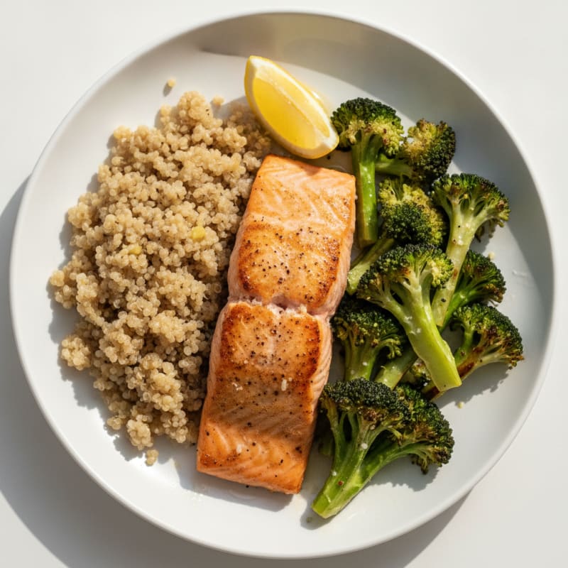 Seared Salmon with Roasted Broccoli and Garlic Quinoa