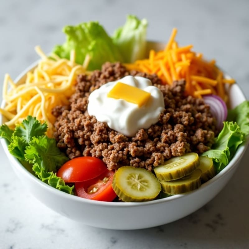 Lean Ground Beef Big Mac Bowl with Creamy Dill Pickle Dressing