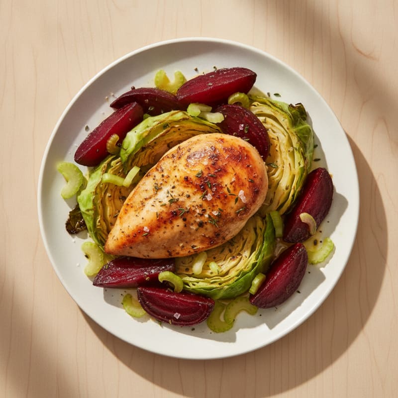 Roasted Chicken with Beets and Cabbage