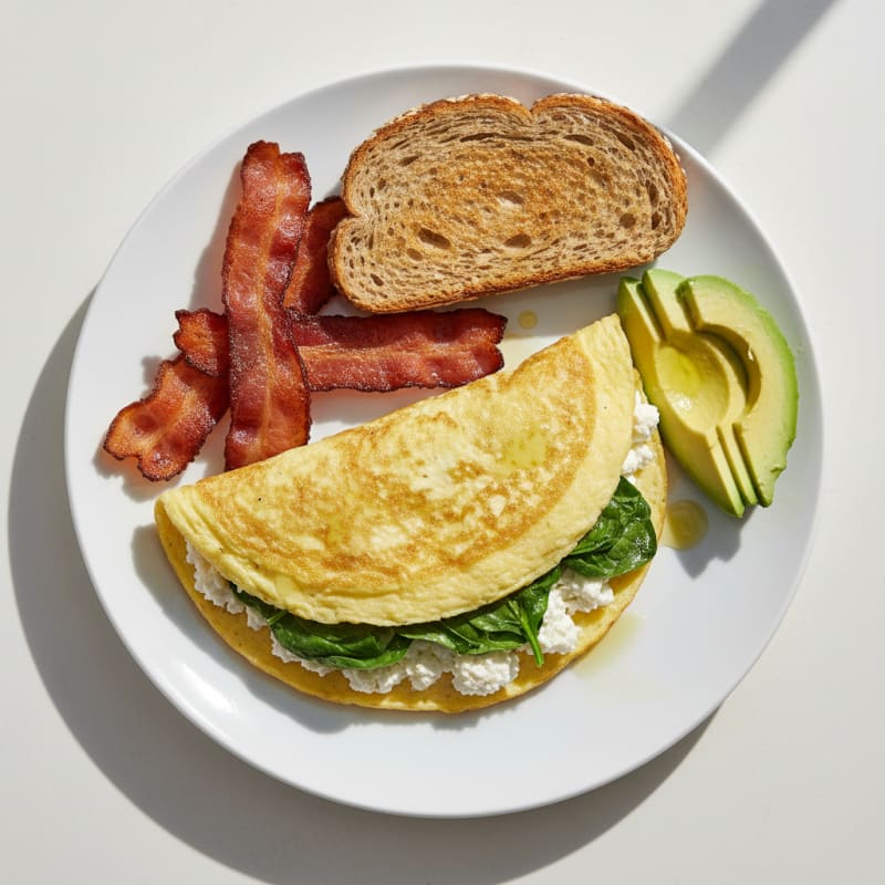 Egg White Spinach Omelette with Cottage Cheese and Turkey Bacon