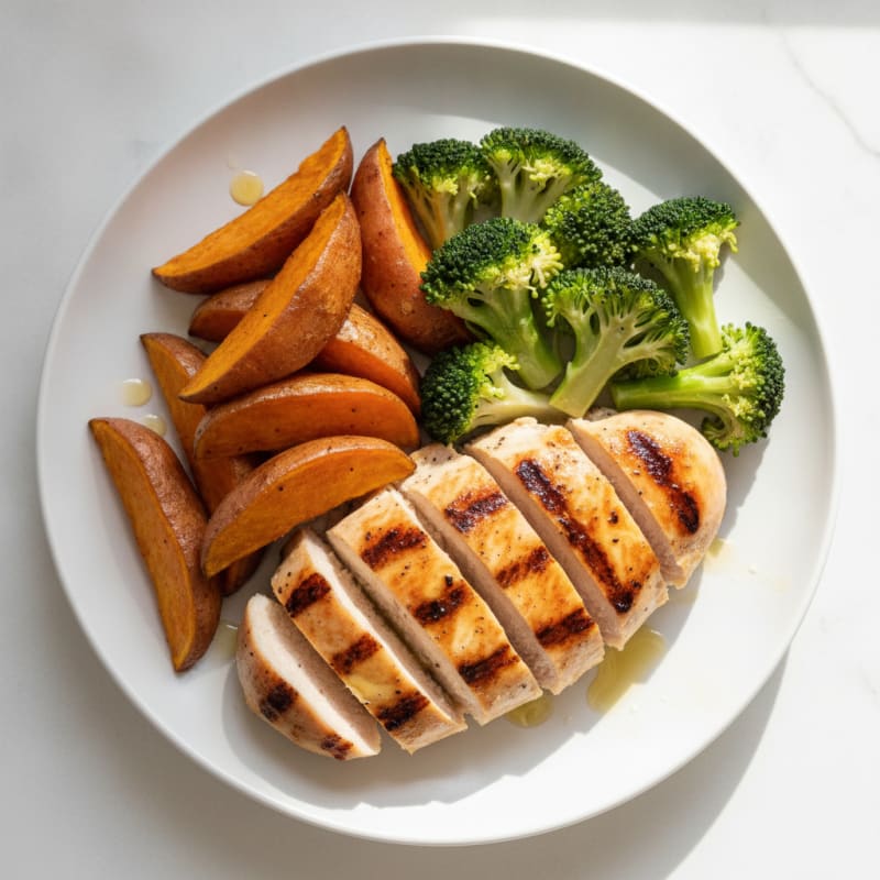 Grilled Chicken Breast with Roasted Sweet Potato and Steamed Broccoli