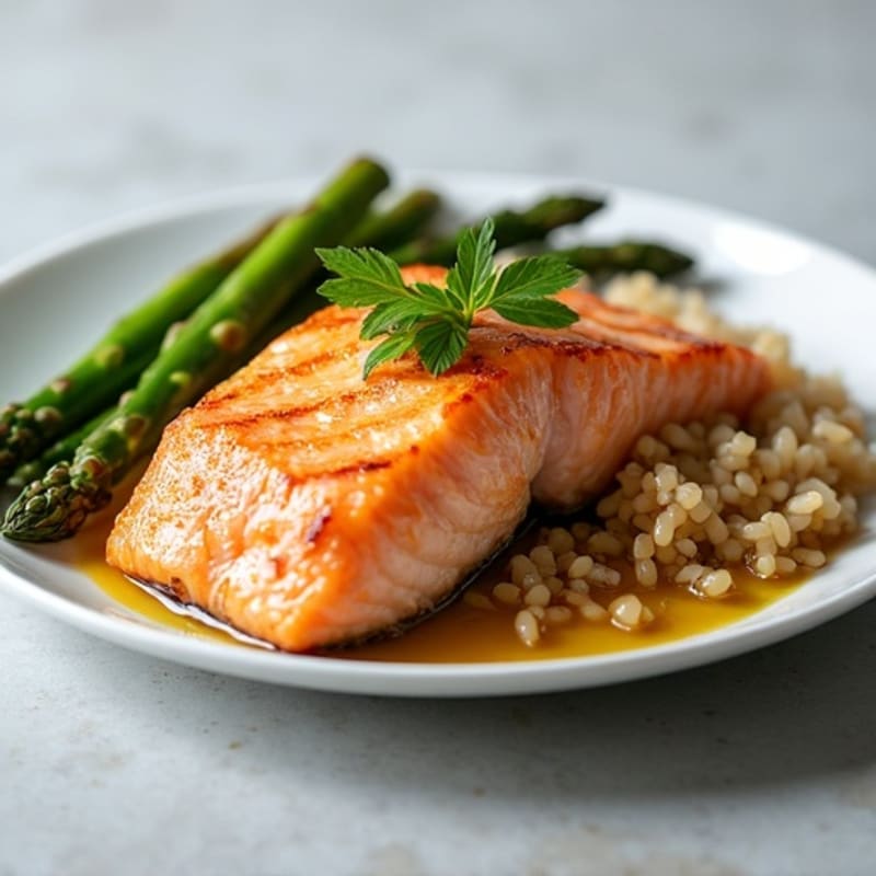 Seared Salmon with Steamed Asparagus and Brown Rice