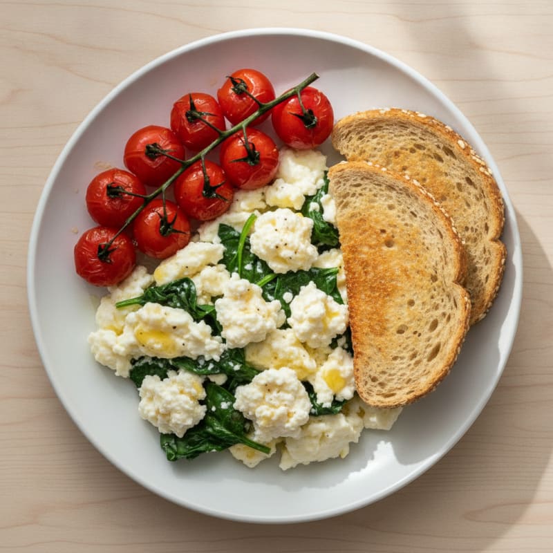 Egg White Spinach Scramble with Cottage Cheese and Cherry Tomatoes