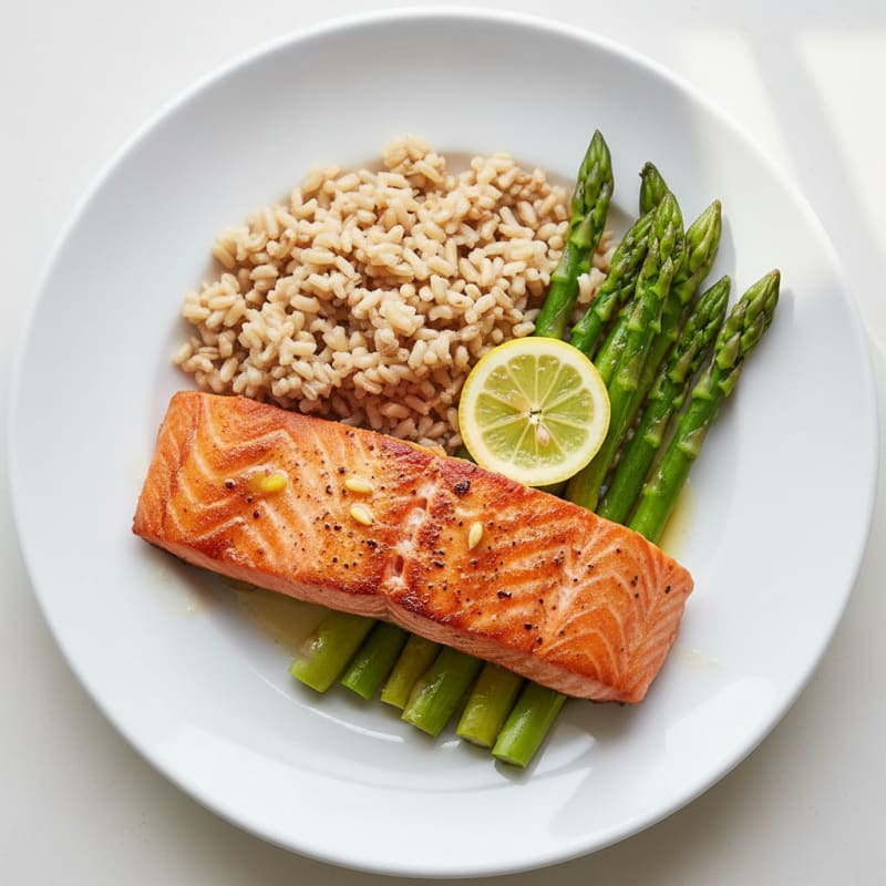 Seared Salmon Fillet with Steamed Asparagus and Brown Rice