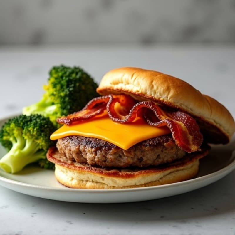 Lean Ground Beef Patties with Crispy Bacon, Melted Cheddar, and Roasted Broccoli