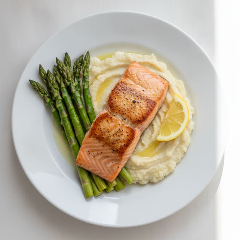 Seared Salmon with Roasted Asparagus and Garlic Mashed Cauliflower