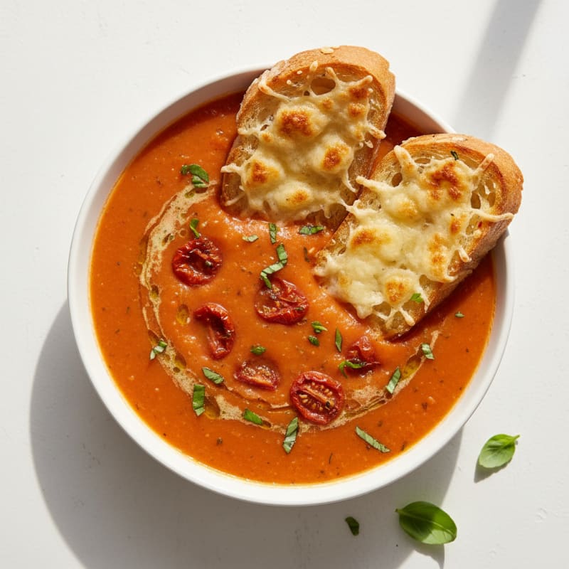 Roasted Tomato Basil Soup with Parmesan Crostini