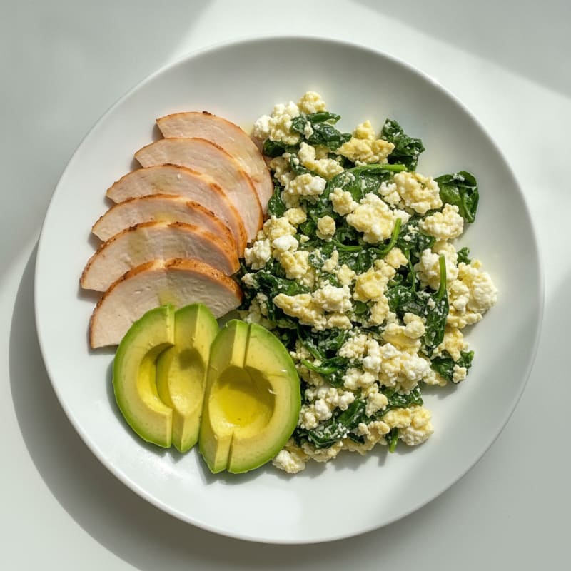 Egg White Spinach Scramble with Cottage Cheese and Sliced Turkey