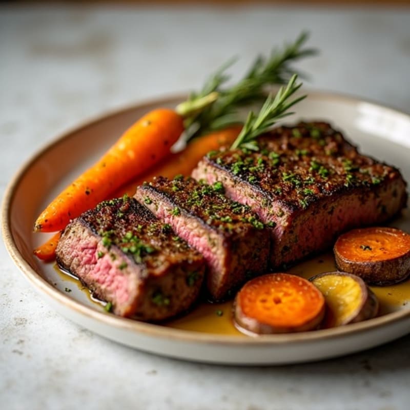 Juicy Herb-Crusted Sirloin with Roasted Root Vegetables