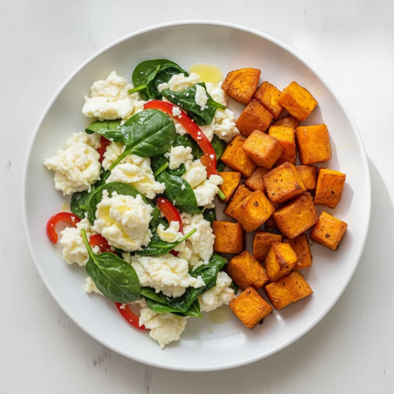 Egg White and Spinach Scramble with Roasted Sweet Potatoes