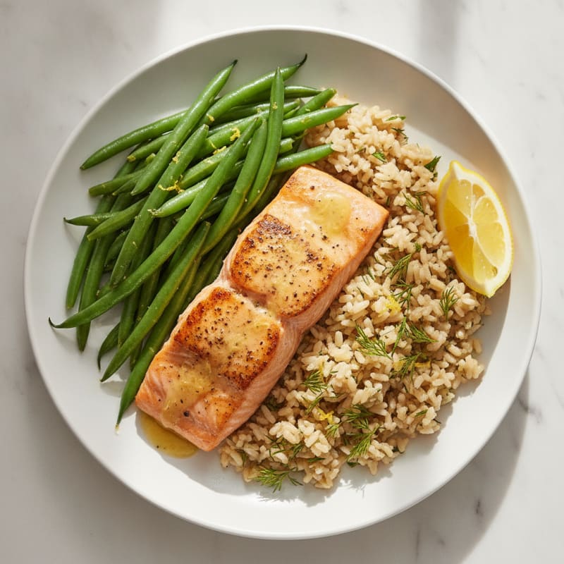 Seared Salmon Fillet with Steamed Green Beans and Herbed Brown Rice
