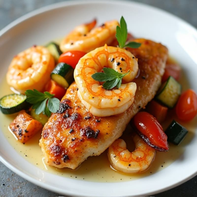 Lemon Garlic Pan-Seared Chicken and Shrimp with Roasted Vegetables