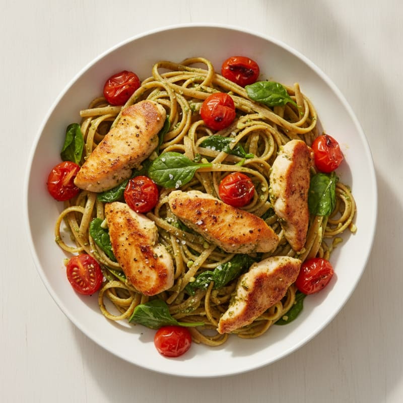 Pesto Chicken Linguine with Blistered Tomatoes