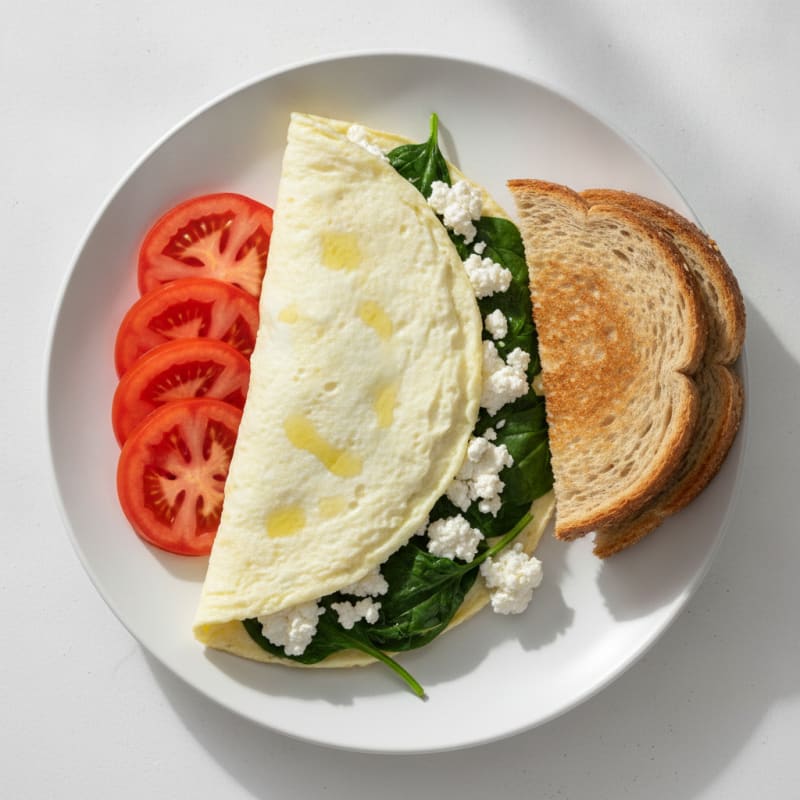 Egg White Spinach Omelet with Cottage Cheese and Sliced Tomato