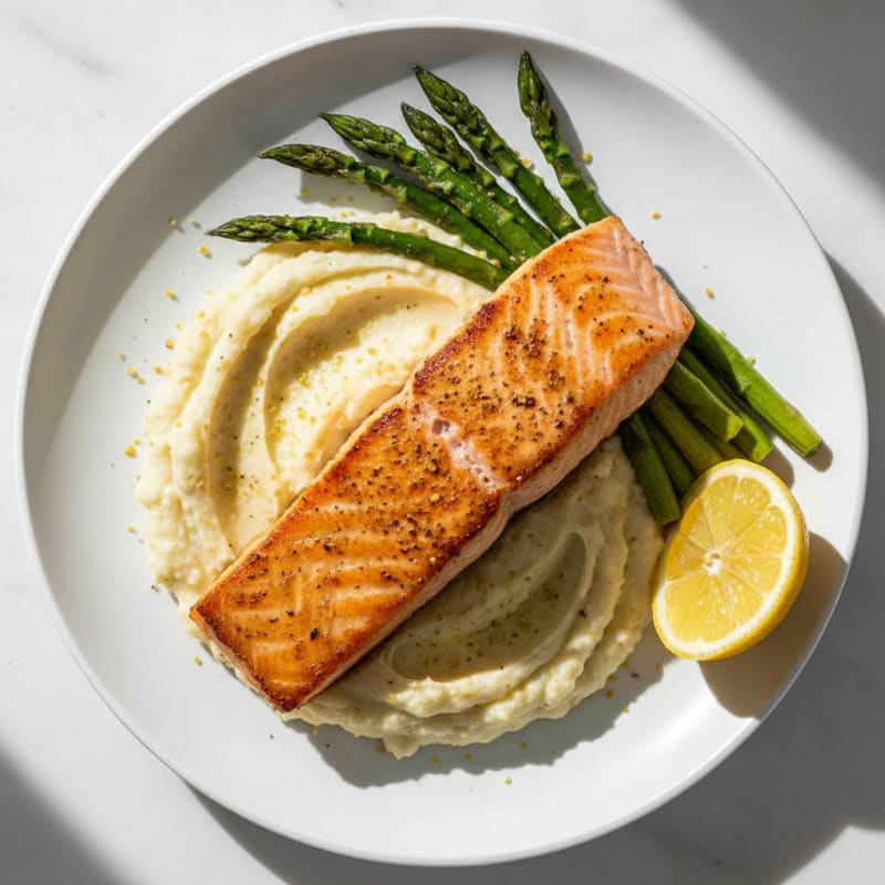 Seared Salmon Fillet with Roasted Asparagus and Cauliflower Mash
