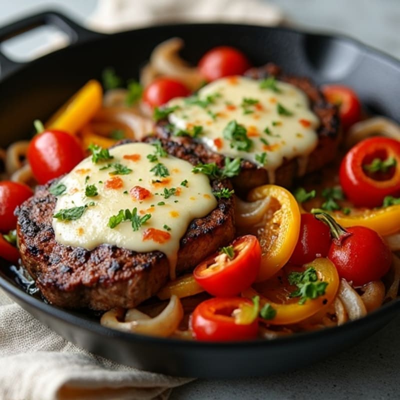 Skillet Seared Steak with Bell Peppers, Onions, and Melted Provolone