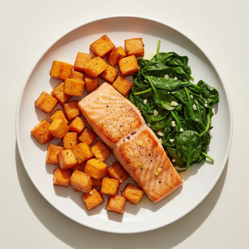 Seared Salmon Fillet with Roasted Sweet Potatoes and Wilted Spinach