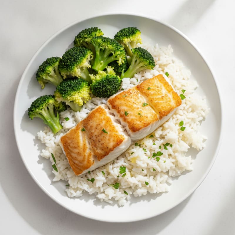 Seared White Fish with Herb Rice and Steamed Broccoli