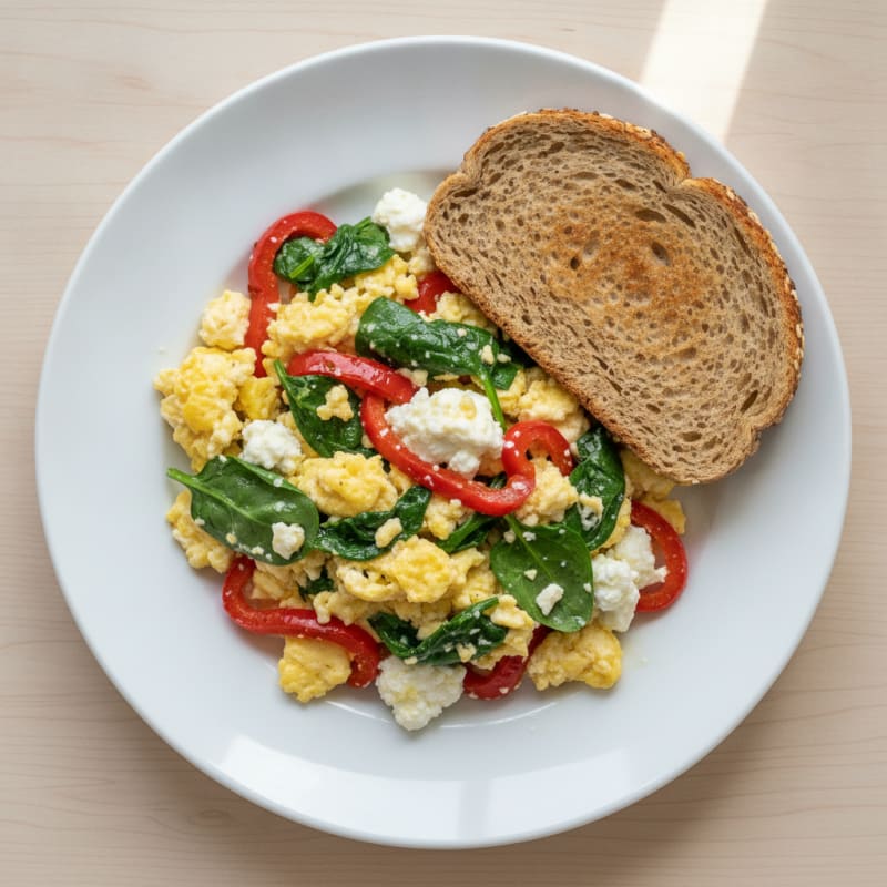 Cottage Cheese Scramble with Spinach and Roasted Red Peppers