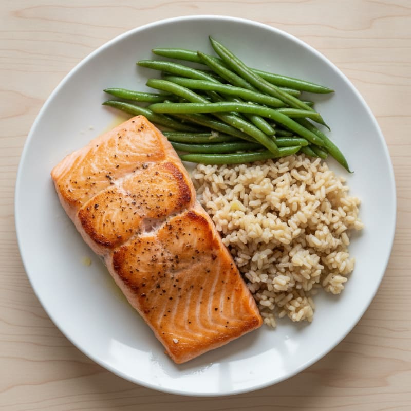 Seared Salmon with Steamed Green Beans and Brown Rice
