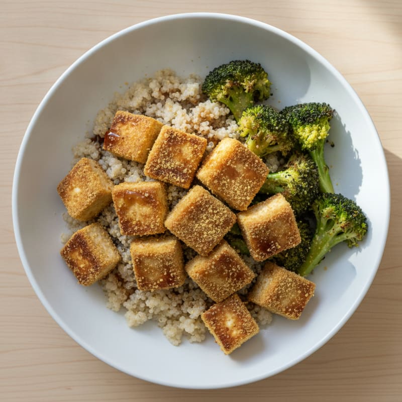 Seared Tofu with Quinoa and Roasted Broccoli