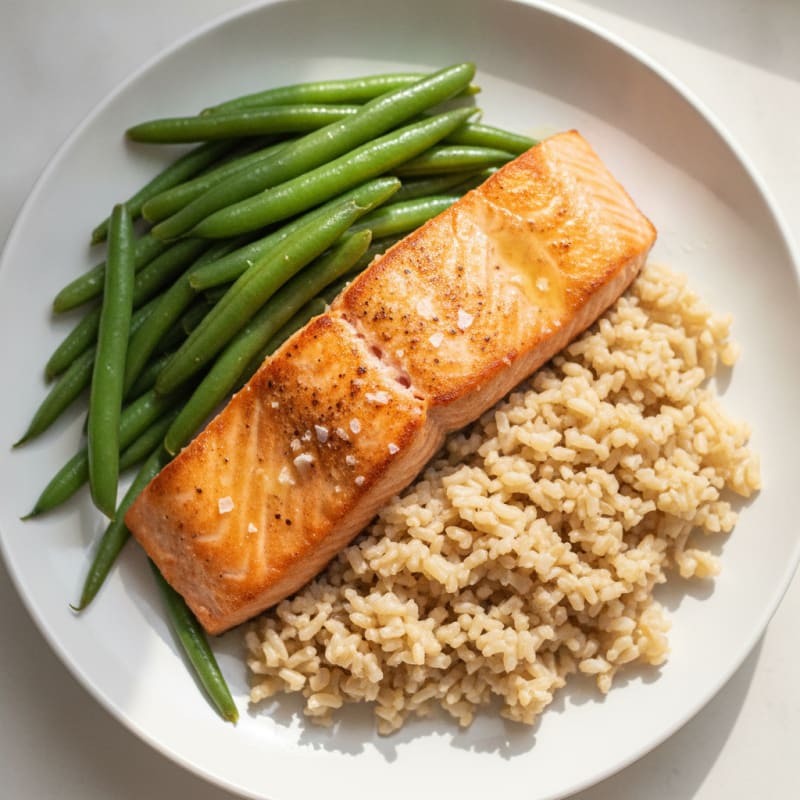 Seared Salmon with Steamed Green Beans and Brown Rice