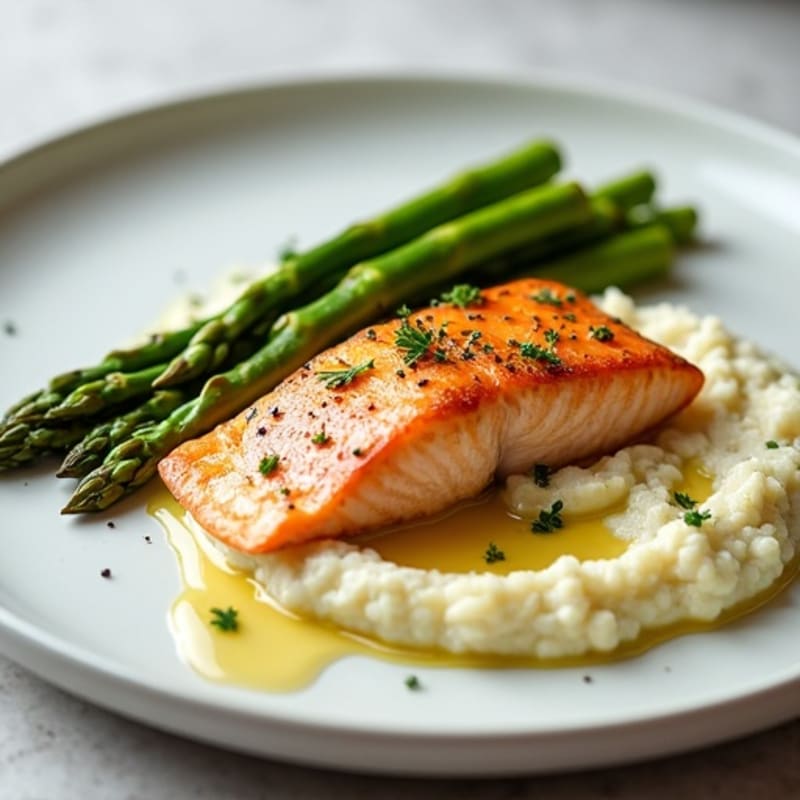 Seared Salmon with Steamed Asparagus and Mashed Cauliflower