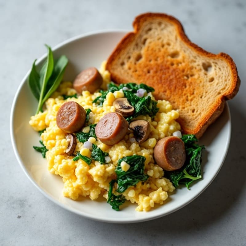 Egg White and Turkey Sausage Scramble with Spinach, Mushrooms and Whole Grain Toast
