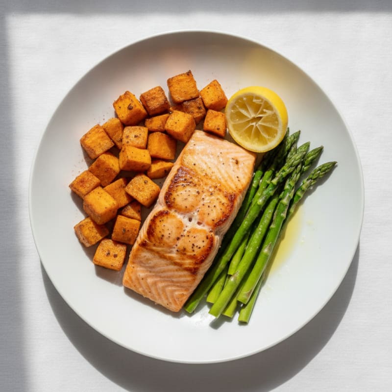 Seared Salmon with Roasted Sweet Potato and Asparagus
