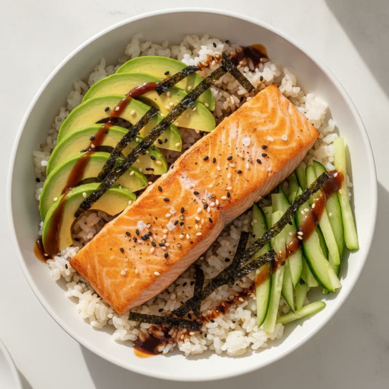 Sushi Rice Bowl with Salmon and Avocado