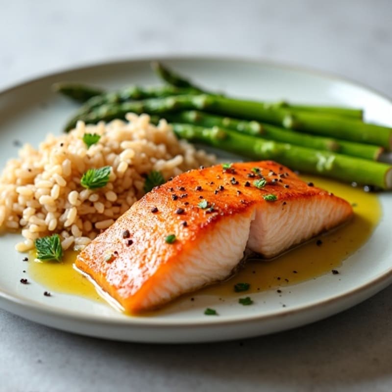 Seared Salmon with Steamed Asparagus and Brown Rice