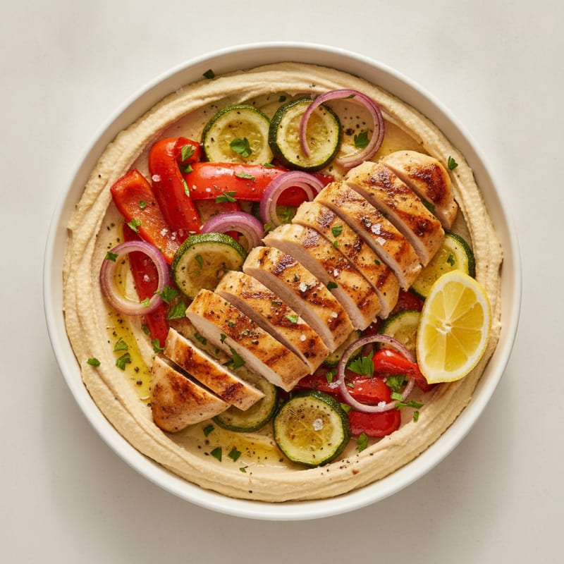 Mediterranean Hummus Platter with Roasted Chicken and Vegetables