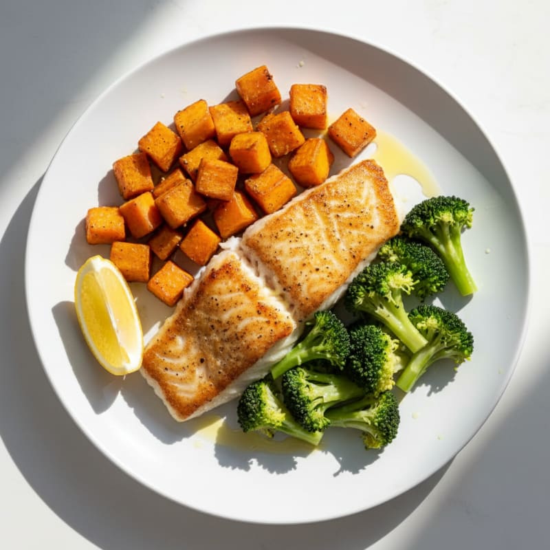 Seared Cod with Roasted Sweet Potato and Steamed Broccoli