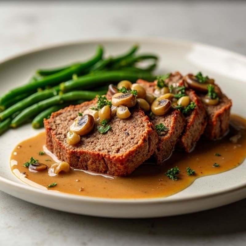 Lean Beef Meatloaf with Savory Mushroom Gravy and Crispy Roasted Green Beans