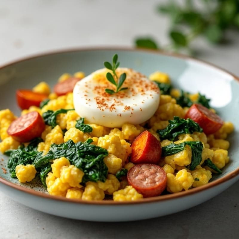 Egg White and Spinach Scramble with Turkey Sausage and Roasted Sweet Potato