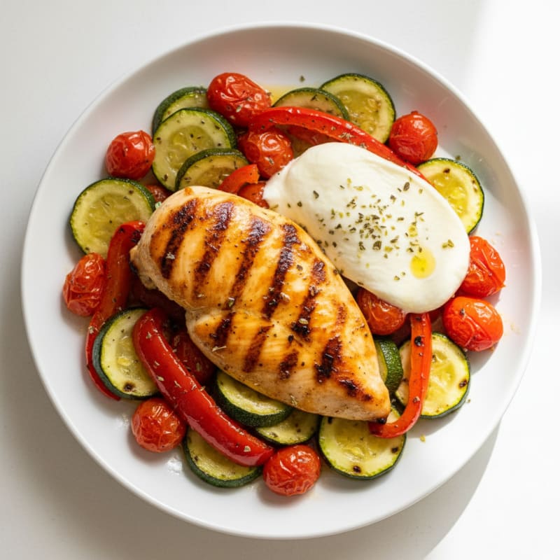 Grilled Chicken with Roasted Vegetables and Mozzarella