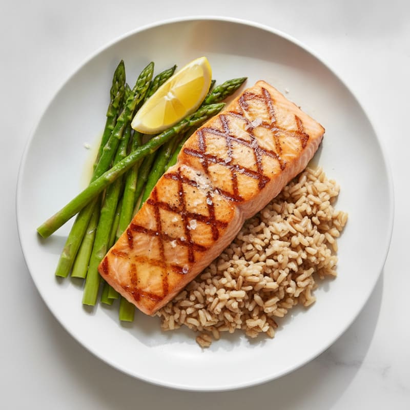 Seared Salmon Fillet with Steamed Asparagus and Brown Rice