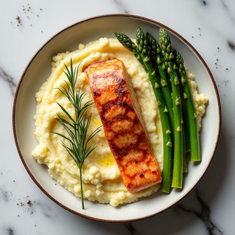 Seared Salmon with Roasted Asparagus and Cauliflower Mash