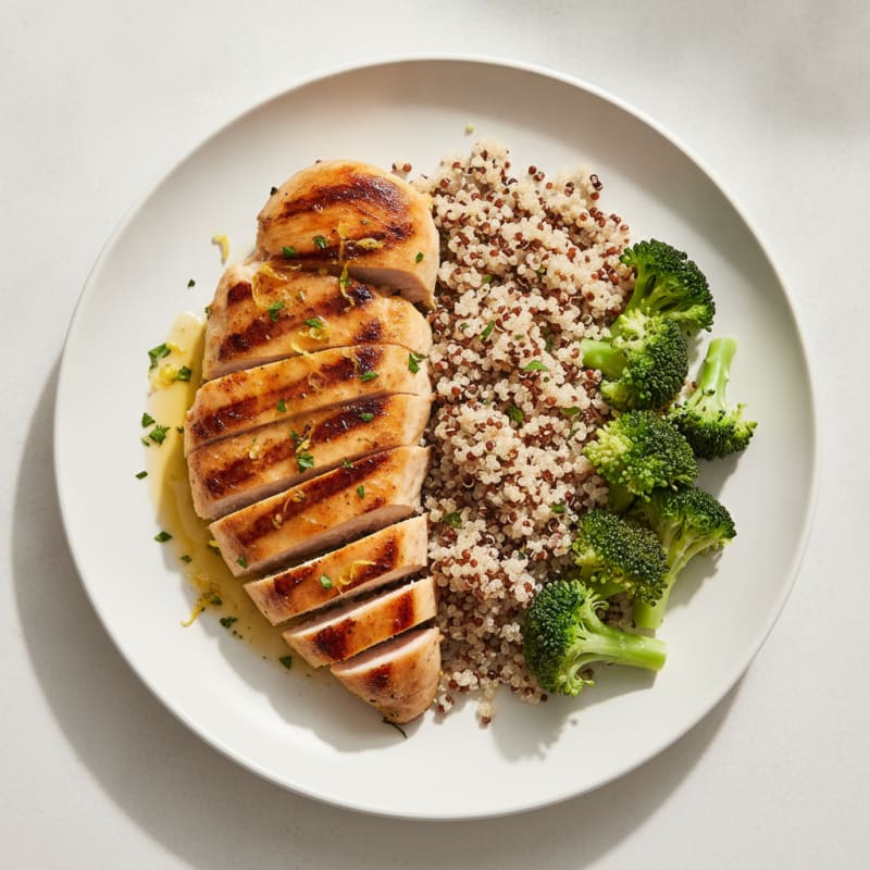 Grilled Lemon Herb Chicken Breast with Quinoa and Steamed Broccoli