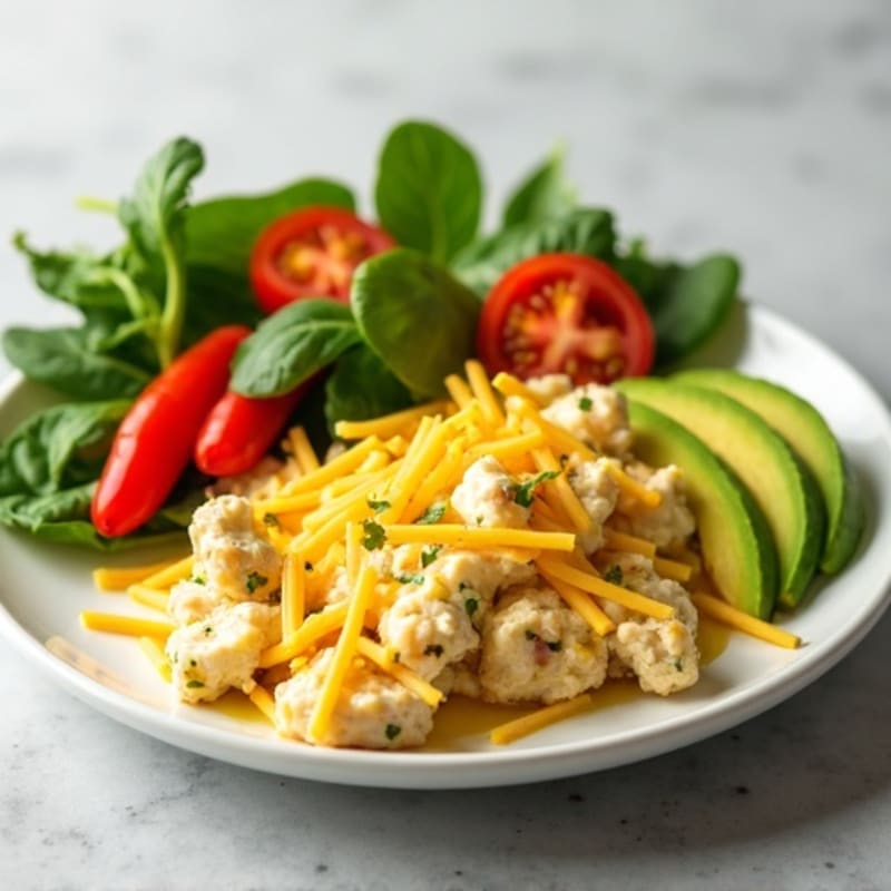 Egg White and Chicken Breast Scramble with Avocado Slices