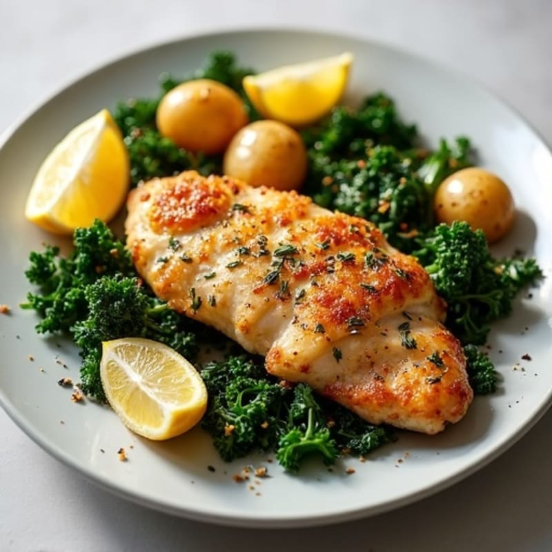 Crispy Lemon-Herb Roasted Chicken and Potatoes with Sautéed Greens