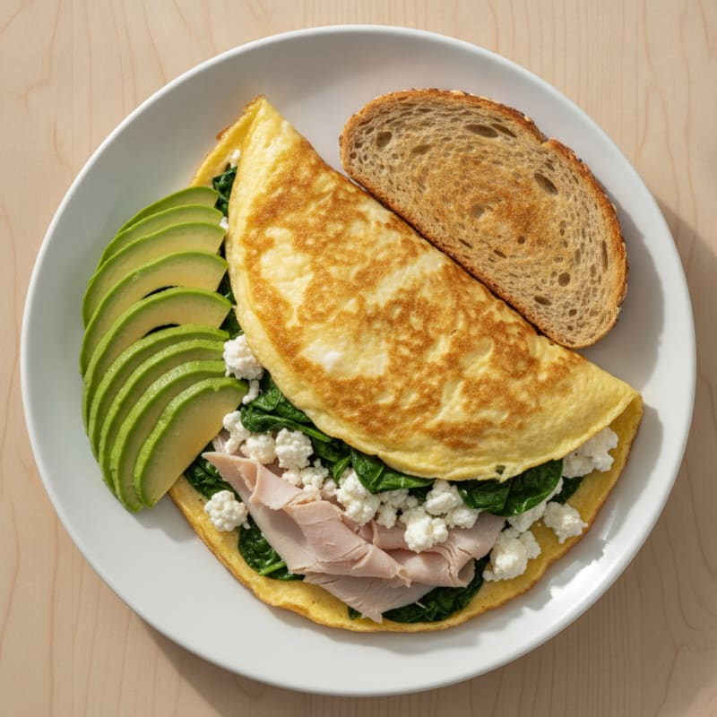 Egg White Spinach Omelet with Cottage Cheese and Sliced Turkey